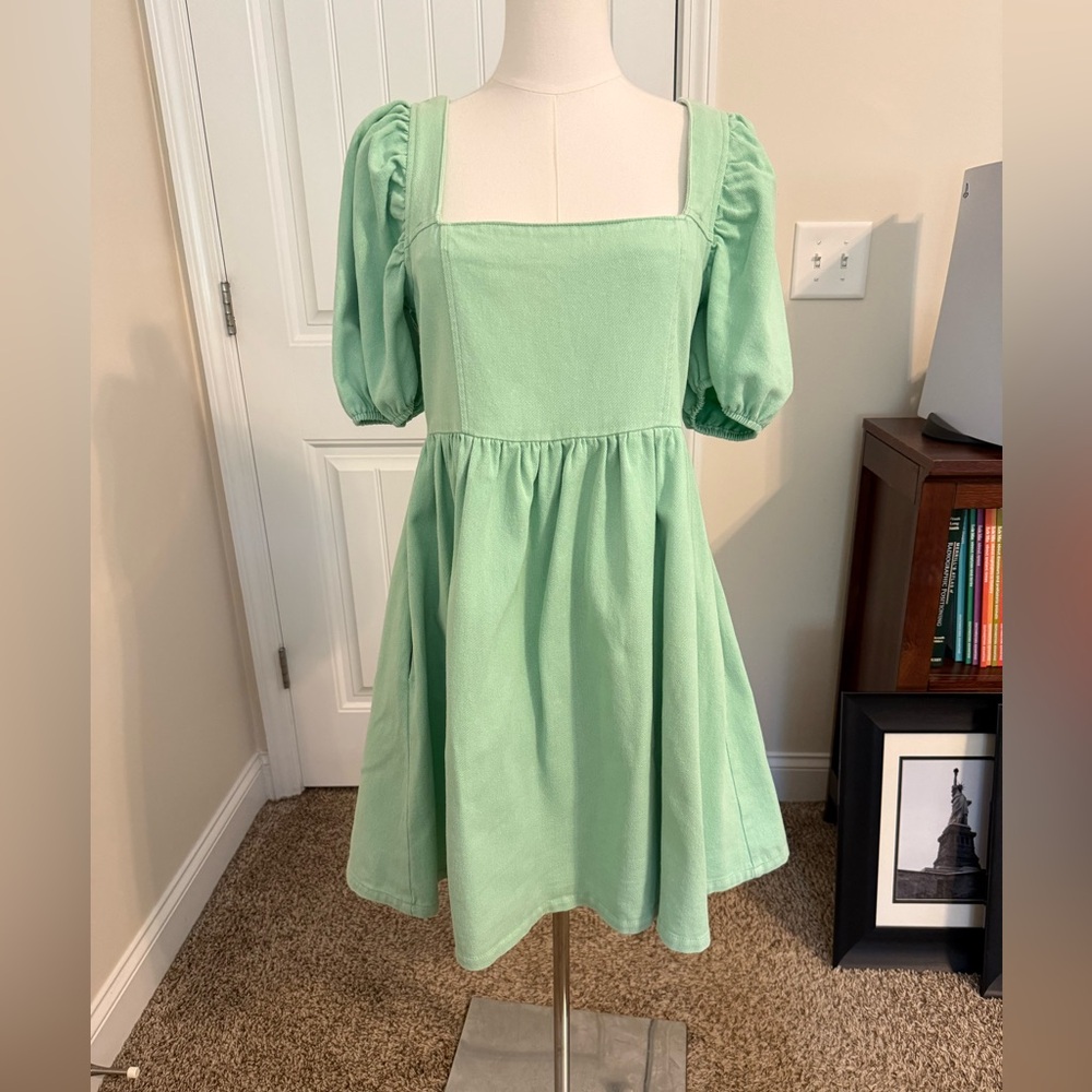mittoshop Mint Green Square-Neck Puff Sleeve Dress